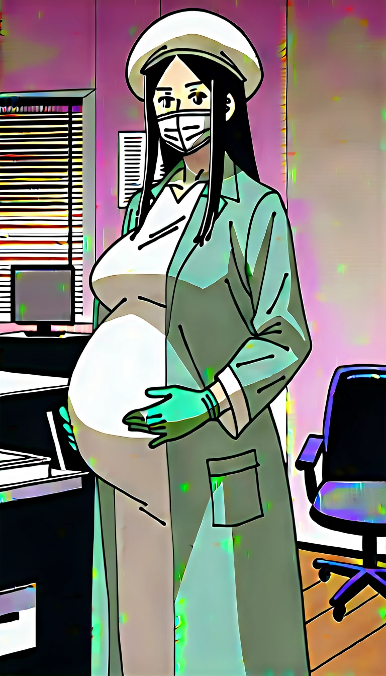 score_9, score_8_up, score_7_up, source_anime, raw image, masterpiece, highest quality, natural light, patient room background, kasuganoray, good shape, pale skin, shy eyes, big breasts, scrubs, surgical mask, bouffant cap, long sleeve coat pregnancy doctor,
1girl, pregnant, solo, rubber gloves, looking down, furrowed brow, hospital bed, standing, even though she's pregnant she has a good figure,