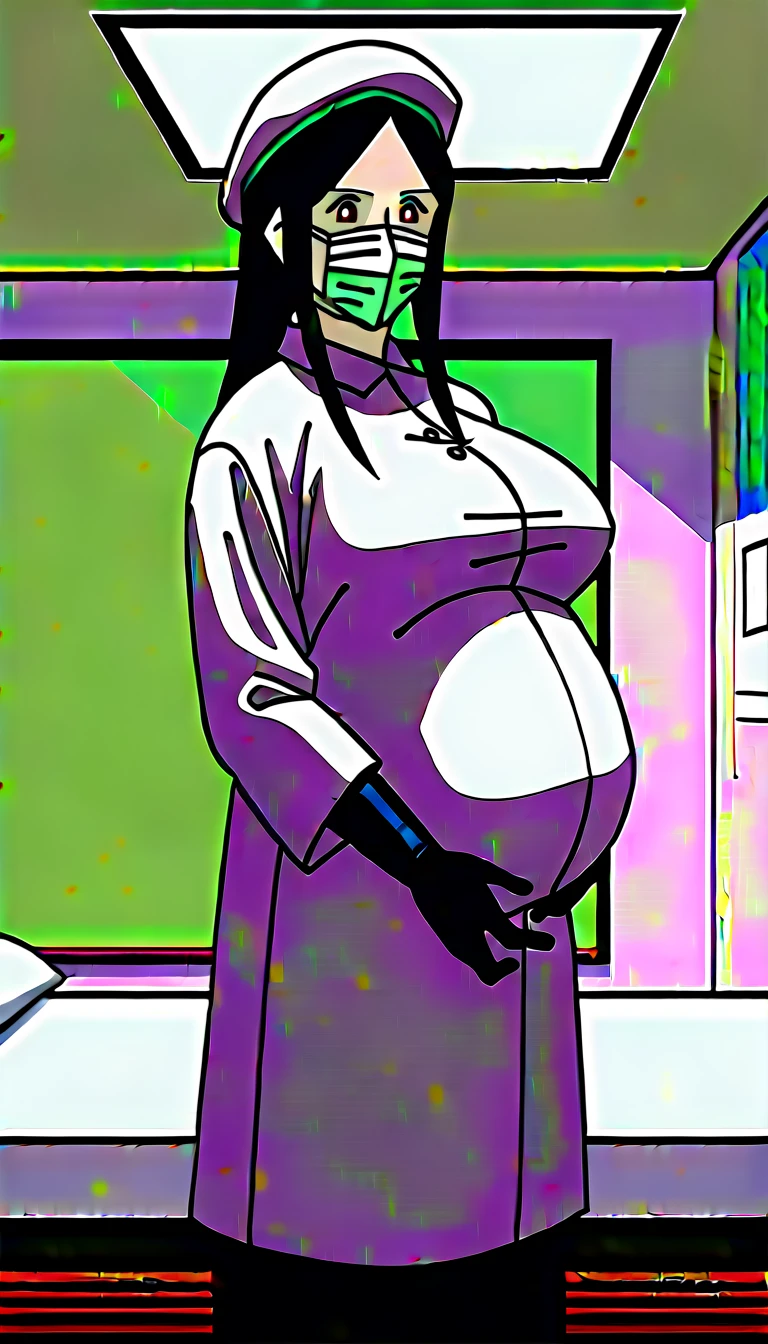 score_9, score_8_up, score_7_up, source_anime, raw image, masterpiece, highest quality, natural light, patient room background, kasuganoray, good shape, pale skin, shy eyes, big breasts, scrubs, surgical mask, bouffant cap, long sleeve coat pregnancy doctor,
1girl, pregnant, solo, rubber gloves, looking down, furrowed brow, hospital bed, standing, even though she's pregnant she has a good figure,