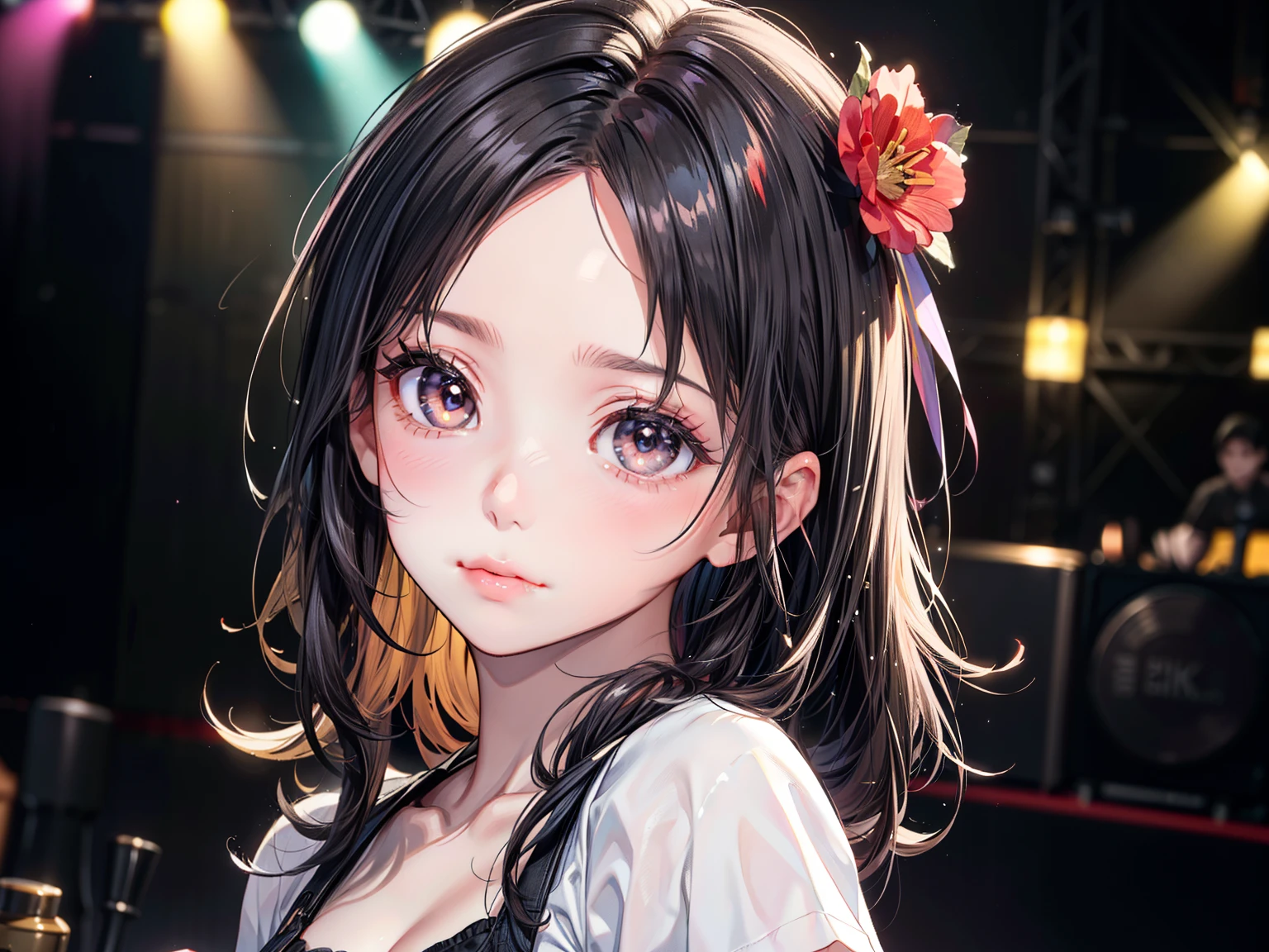 ((Best of the highest quality, 8k, Masterpiece, raw photo: 1.1)), (Sharp focus: 1.1), (1 AESPA, slim body type female, 22 y/o: 1.1), solo, Portrait Waist Up, (realistic, photo-realistic:1.37), face focus, finely small eyes, (forehead, short wavy hair: 1.28), (sharp chin, droopy eyes, sad eyes: 1.32), (Emphasize prominent aegyo-sal with bright: 1.28), shimmering eyeshadow applied under the lower lash line, paired with thick, (small breasts, flat chest: 1.2), T-shirt, walking on stage, microphone, flower,