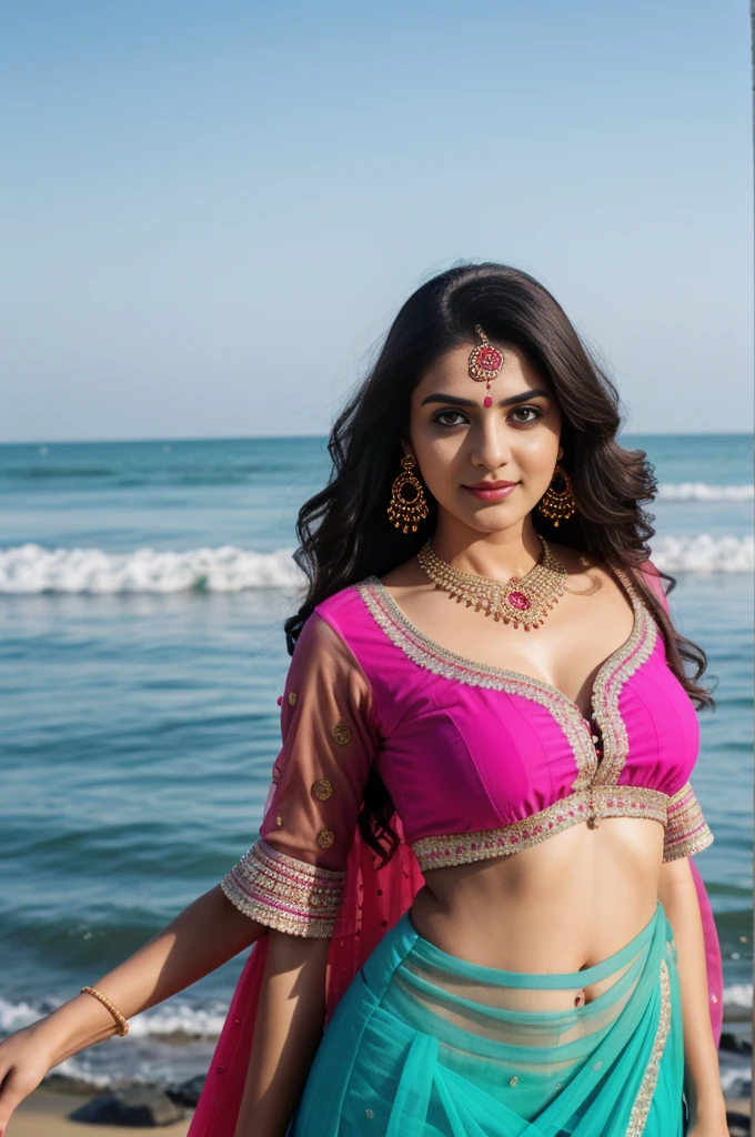 Indian cute 30 years old unmarriage women life like, high - resolution women with a perfect figure Super fine face and eyes, slong hair, Arya Stark (highly detailed face), eyes symmetry, face symmetry, in the beach, smirking, playful teasing sassy poses for adults only magazine, (wearing vibrant color trendy designer choli long skirt), round deep navel, evening sky, wave tides, HDR, hyper realistic