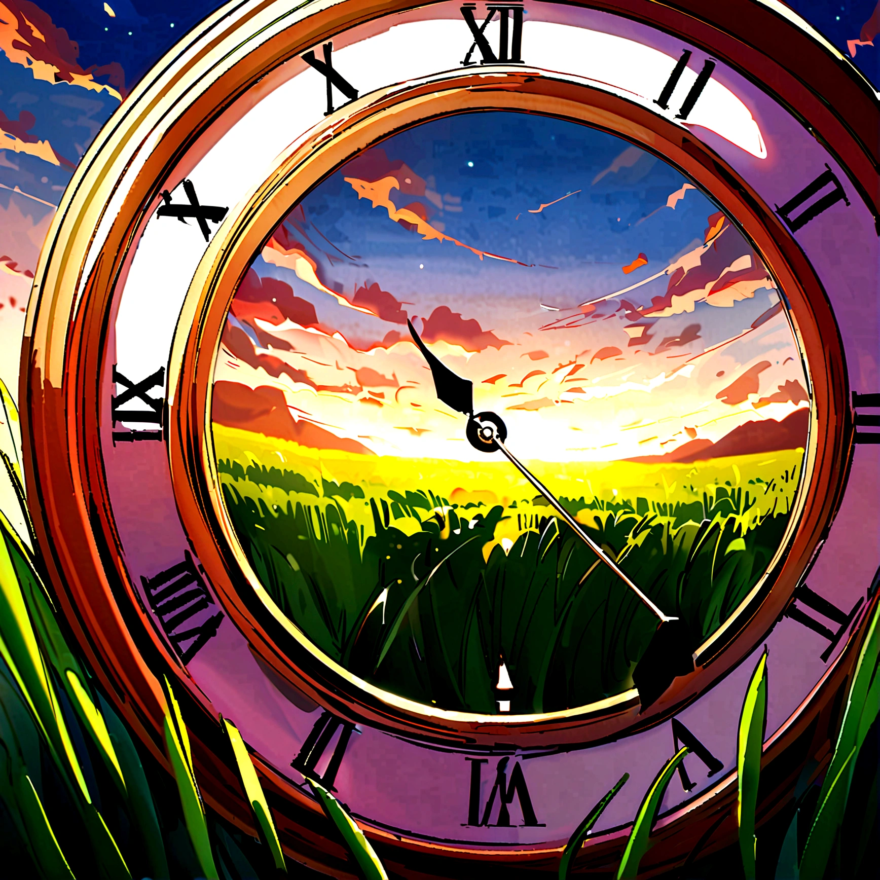 there is a picture with a clock in the middle of a field