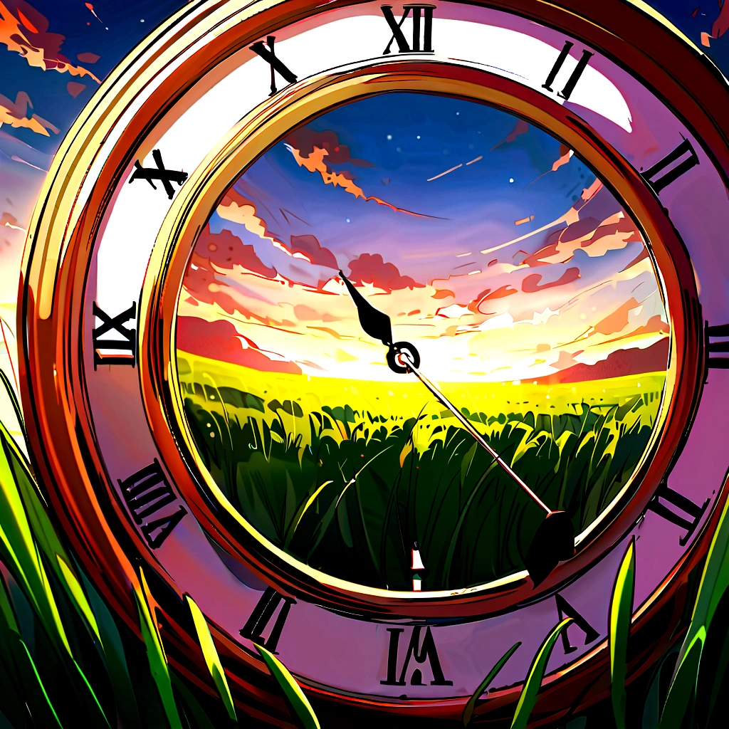 there is a picture with a clock in the middle of a field