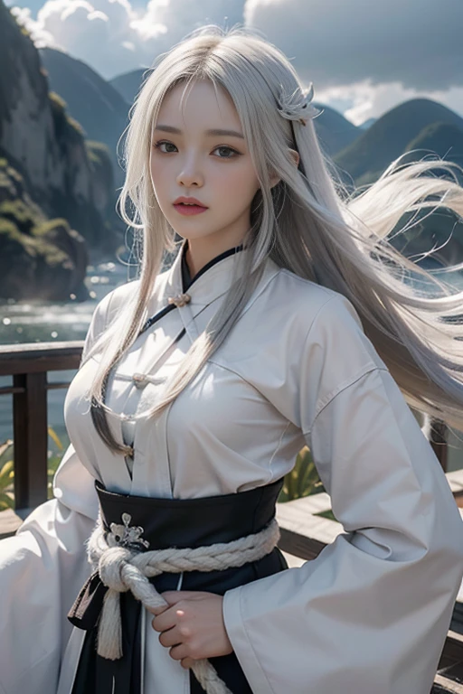 Dynamic Lighting,Art Station,Poster,Volumetric Lighting,Highly detailed face,4k wallpaper,Awards,1 girl with white hair,He has a delicate and beautiful face,Long hair flows,Horse tail,Fringe hair ornament,Dynamic Perspective,Shrine maiden,sexy,Traditional Chinese Ink Painting,Surrounded by clouds,Foggy atmosphere,Ride the White Dragon,,White Dragon Horn,Dynamic Viewing Angle,Light,