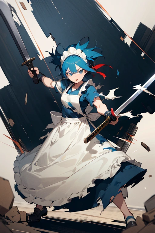 ((Highest quality:1.6)), ((Ultra-high resolution:1.6)), ((masterpiece)), (detailed:1.4), girl, cute, strong, Small breasts, Fighting with swords while getting worn out, (black and white maid outfit, Headband, White apron, Slightly longer, Short sleeve), (Damage to clothing:1.2), (My clothes were torn), scratch, (The apron is torn:1.4), (Damage to the apron:1.6), (Tattered Apron:1.4), Fighting with a big sword, Swordsmanship, 剣の斬撃によるscratch, Hit, Dynamic pose, Stance, Combat Ready,