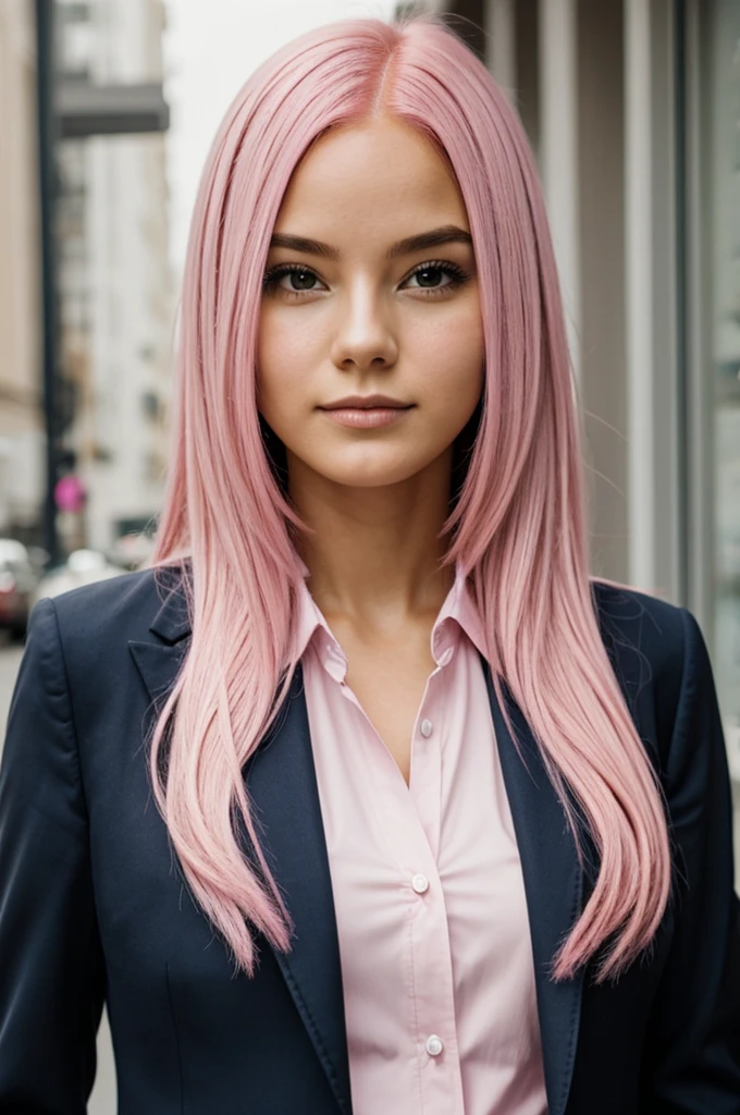 Girl in a suit with long light pink hair
