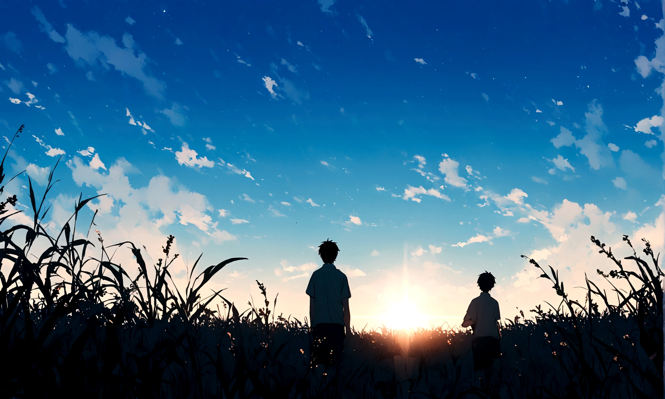 summer　scenery　field　Cloudless blue sky　Two boys