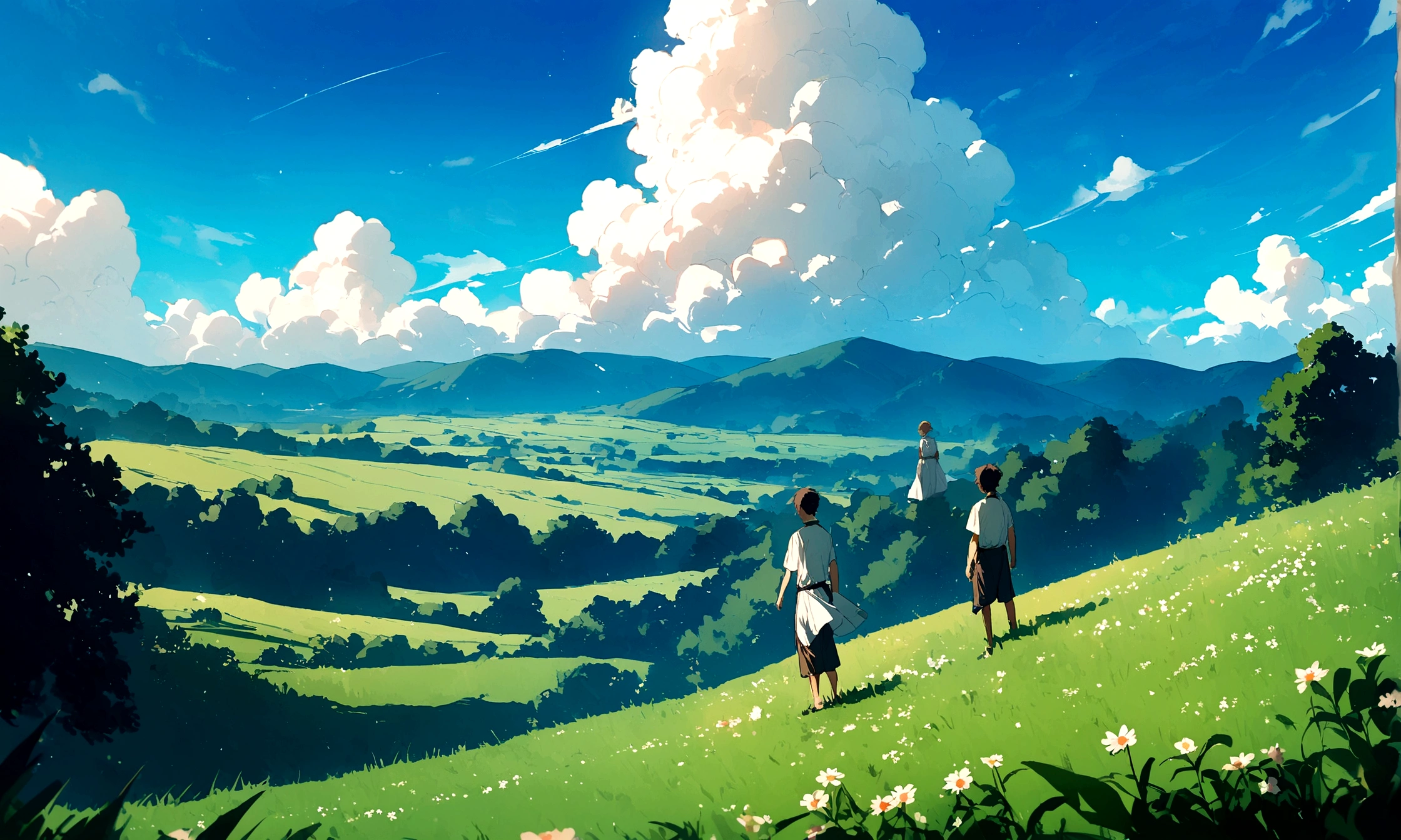 summer　scenery　field　Cloudless blue sky　Two boys