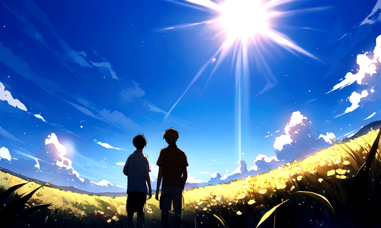 summer scenery field Cloudless blue sky Two boys