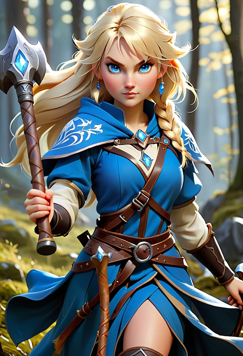 a human female mage nordic women. with a short axe. she is holding a staff in her other hand. she has blonde hair and blue eyes.