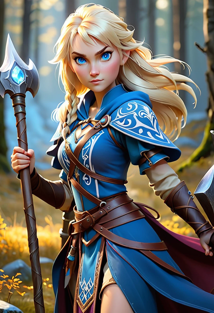 a human female mage nordic women. with a short axe. she is holding a staff in her other hand. she has blonde hair and blue eyes.