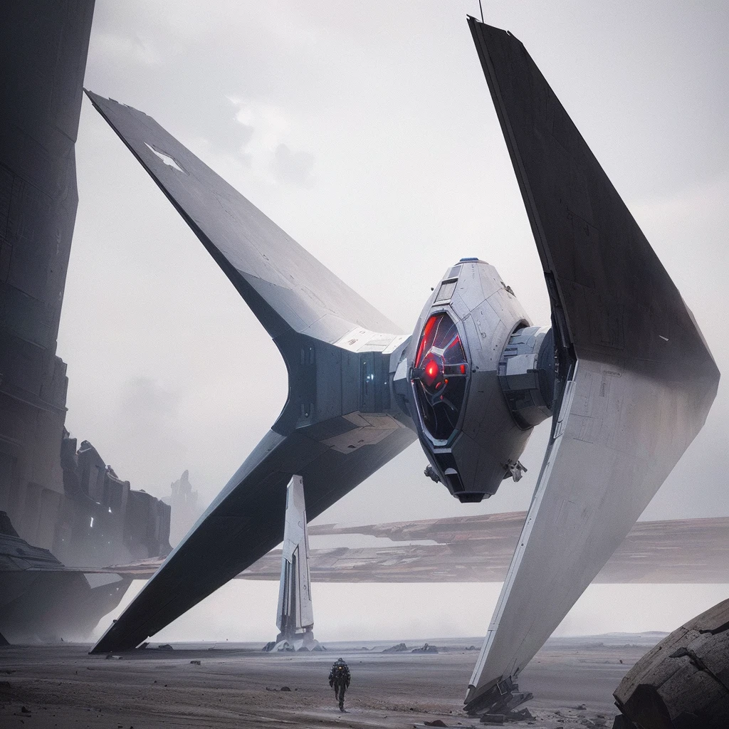 there is a large metal sculpture of a star wars tier, detailed cinematic shot, star wars concept art, detailed cinematic render, concept art 8 k, concept design art octane render, stefan koidl inspired, viktor antonov concept art, super rendered in octane render, concept art octane render, landed spaceship in background, cinematic shot!, inspired by Martin Deschambault