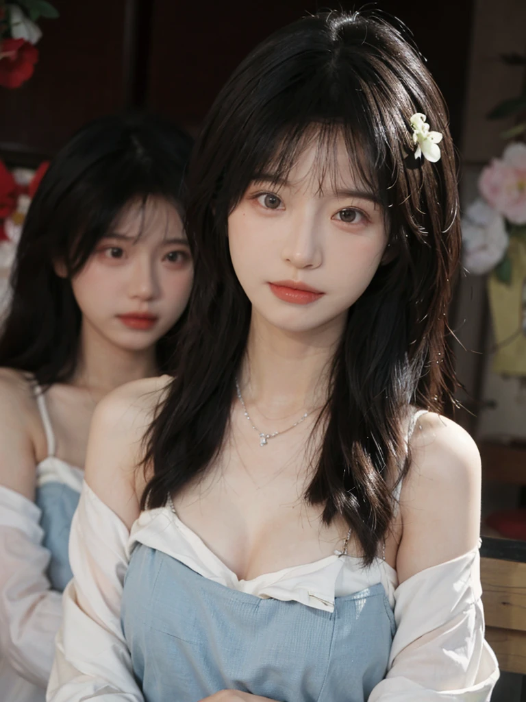 best quality, Ultra-high resolution, (Realistically:1.4),Cute hairpin,Baoyu girl,Standing in the wedding hall,(flat chest:1.2) ,A pair of clear and charming peach blossom eyes,Royal sisters,Sunshine on the face,Big wavy hairstyle,(necklace:1.2),(White skin:1.4),Sense of atmosphere,A beautiful girl,Look directly at the audience, Cleavage close-up ,(lifelike:1.4),1 girl,Sexy,(Upper Body:1.4),(wet),(:1.2)