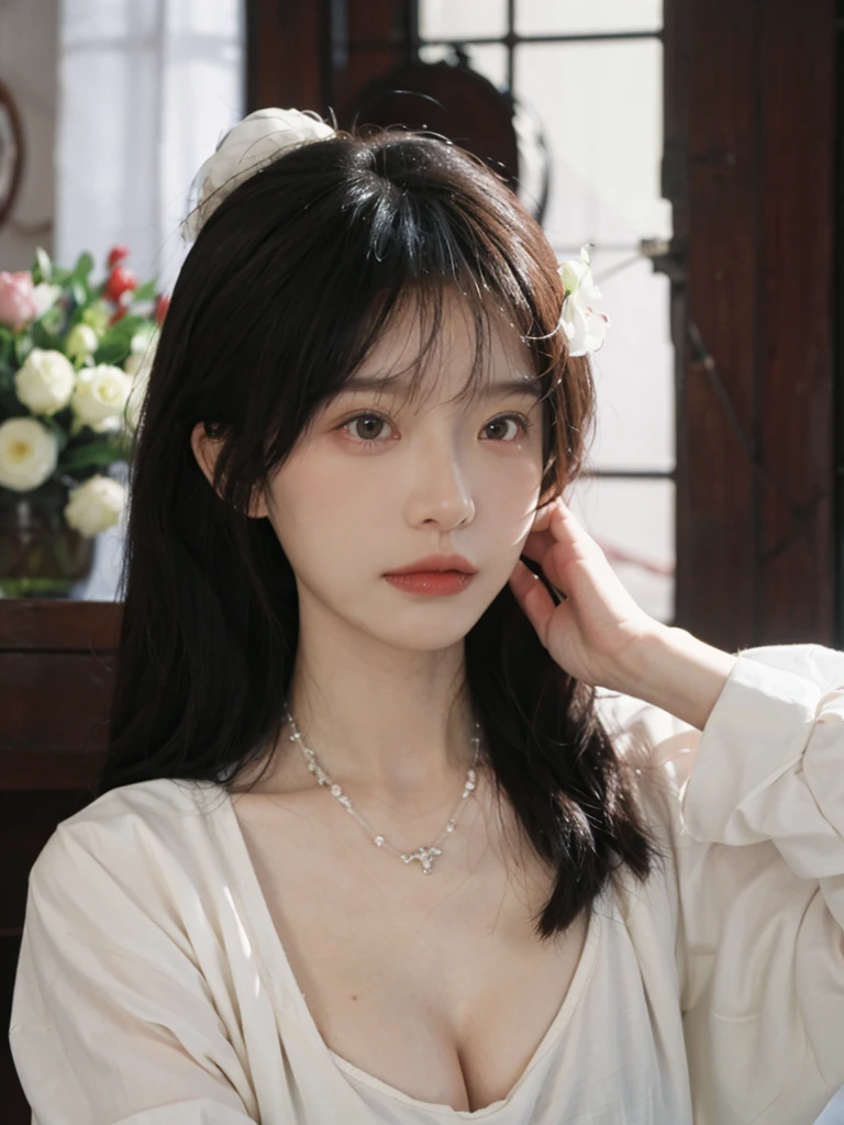 best quality, Ultra-high resolution, (Realistically:1.4),Cute hairpin,Baoyu girl,Standing in the wedding hall,(flat chest:1.2) ,A pair of clear and charming peach blossom eyes,Royal sisters,Sunshine on the face,Big wavy hairstyle,(necklace:1.2),(White skin:1.4),Sense of atmosphere,A beautiful girl,Look directly at the audience, Cleavage close-up ,(lifelike:1.4),1 girl,Sexy,(Upper Body:1.4),(wet),(:1.2)