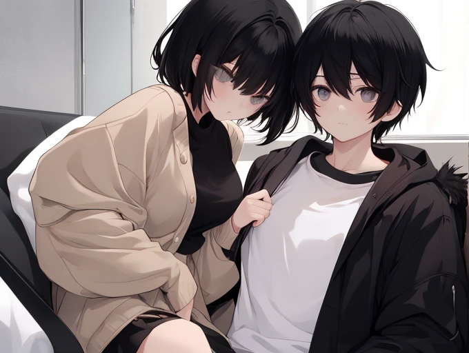 1 man, 1 girl. Man in left with black hair and black eyes with fair skin. Girl in right with tan skin and black medium length hair and black eyes.
