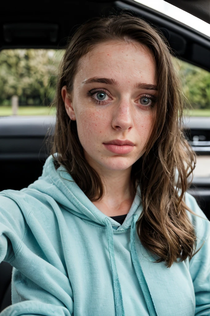 RAW photo, a 22-year-old-girl, upper body, selfie in a car, blue hoodie, inside a car, driving, (lipstick:0.7), soft lighting, high quality, highres, sharp focus, extremely detailed, (sunlight on face), beautiful detailed eyes, masterpiece, cinematic lighting, dslr, Fujifilm XT3