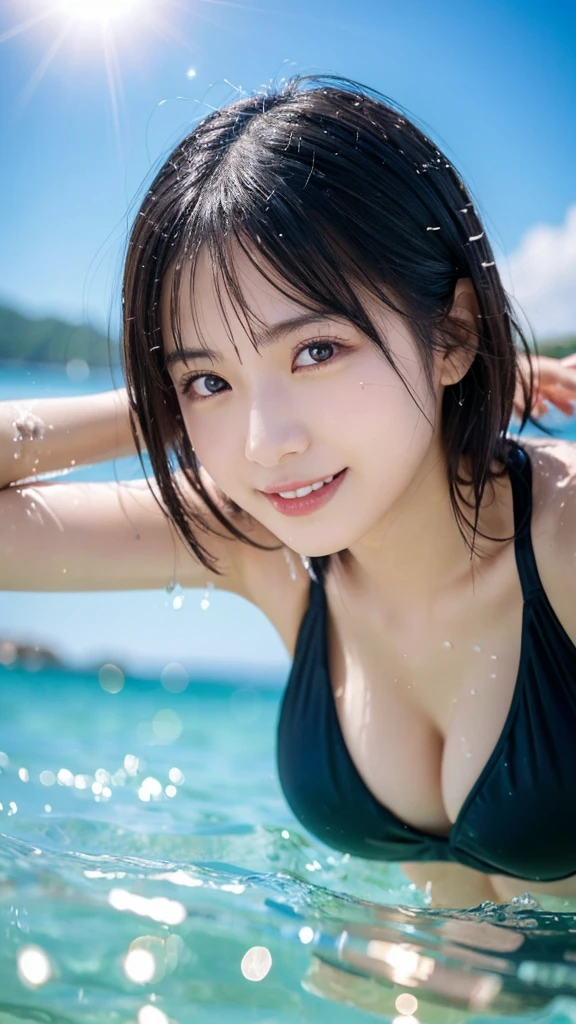 (Highest quality,masterpiece:1.3,Ultra-high resolution),(Very detailed,Caustics,8K),(Realistic:1.4,RAW shooting),(Smiling girls splashing water on each other),Japanese,18-year-old,cute,Black Short Hair,(big ),Bikini Swimwear,(Face Focus),(Face close-up),Bust up shot,(Low position),(Low Angle),Clear and beautiful sea,Beach,sun,strong sunlight,Lens flare,Natural light,Professional Writing