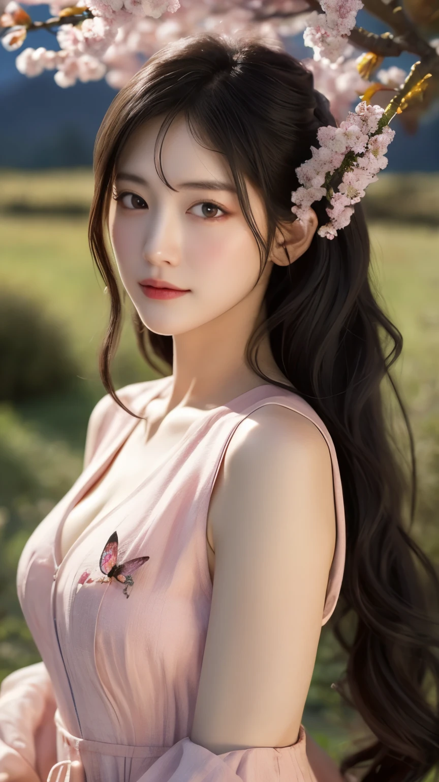 masterpiece, 最high quality, night, Mountain, full moon, Long black hair, woman, fire Fly, performer, Mysterious cherry tree, Pink leaves, high quality, Beautiful graphics, High detail