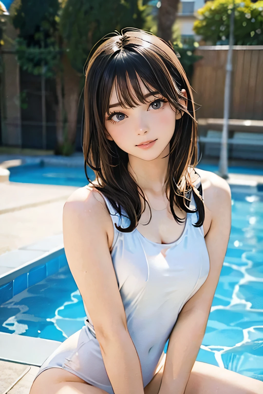 1girl, 25 years old woman, medium breasts, cute face, beautiful face, (perfectly detailed face), ((looking at viewer)), Hands behind the body, hands behind head, Simple Background, One-piece swimsuit, poolside, sexy pose, standing by the pool, (((full body visible))), waki, smiley, Sitting by the pool, thighs visible, White swimsuit, photorealistic, (bokeh), tachi-e, UHD, anatomically correct, highres