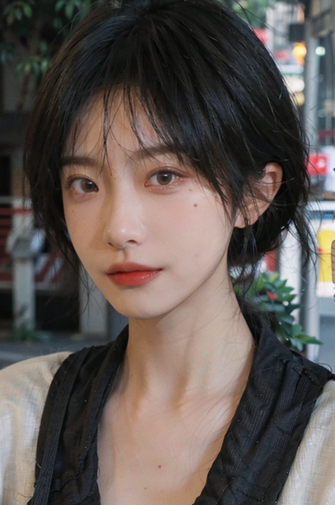 (smooth skin textures:1.3), Lipstick, Upper body，Upper Body，background, earrings, serene, calm, （Dress conservatively：1.6），(Realistic and detailed eyes：1.2）, Natural skin texture, Realistic facial details, Soft dramatic lighting, Vivid details, outdoor, (Photo Practical:1.4), (hyper Practical:1.4), (Practical:1.3), (Improve lighting quality:0.9), (Highest quality real skin textures:1.4), (Enhance the beauty of skin texture:1.1), Hair details, model， short hair, Moles under the eyes, Portrait Photography, Depth of Field, Bokeh, Surrealism, Ray Tracing, (Portrait Photography:1.1), Surrealism, High Detail, Chiaroscuro, Ray Tracing, reflected light, Ultra HD, Ultra HD, masterpiece, Textured Skin, Super Detail, High Detail, high quality, best quality