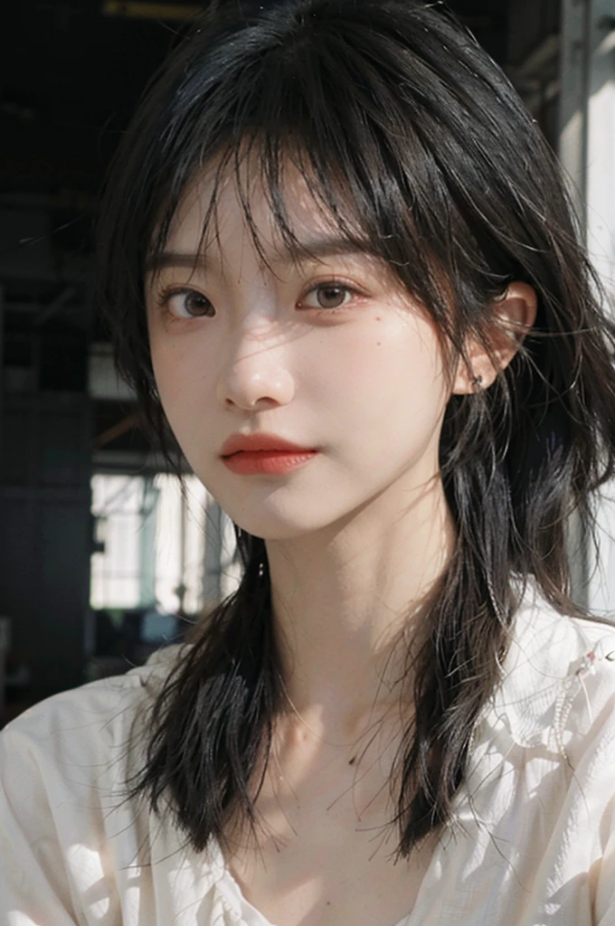 (smooth skin textures:1.3), Lipstick, Upper body,Upper Body,background, earrings, serene, calm, (Dress conservatively:1.6),(Realistic and detailed eyes:1.2), Natural skin texture, Realistic facial details, Soft dramatic lighting, Vivid details, outdoor, (Photo Practical:1.4), (hyper Practical:1.4), (Practical:1.3), (Improve lighting quality:0.9), (Highest quality real skin textures:1.4), (Enhance the beauty of skin texture:1.1), Hair details, model, short hair, Moles under the eyes, Portrait Photography, Depth of Field, Bokeh, Surrealism, Ray Tracing, (Portrait Photography:1.1), Surrealism, High Detail, Chiaroscuro, Ray Tracing, reflected light, Ultra HD, Ultra HD, masterpiece, Textured Skin, Super Detail, High Detail, high quality, best quality