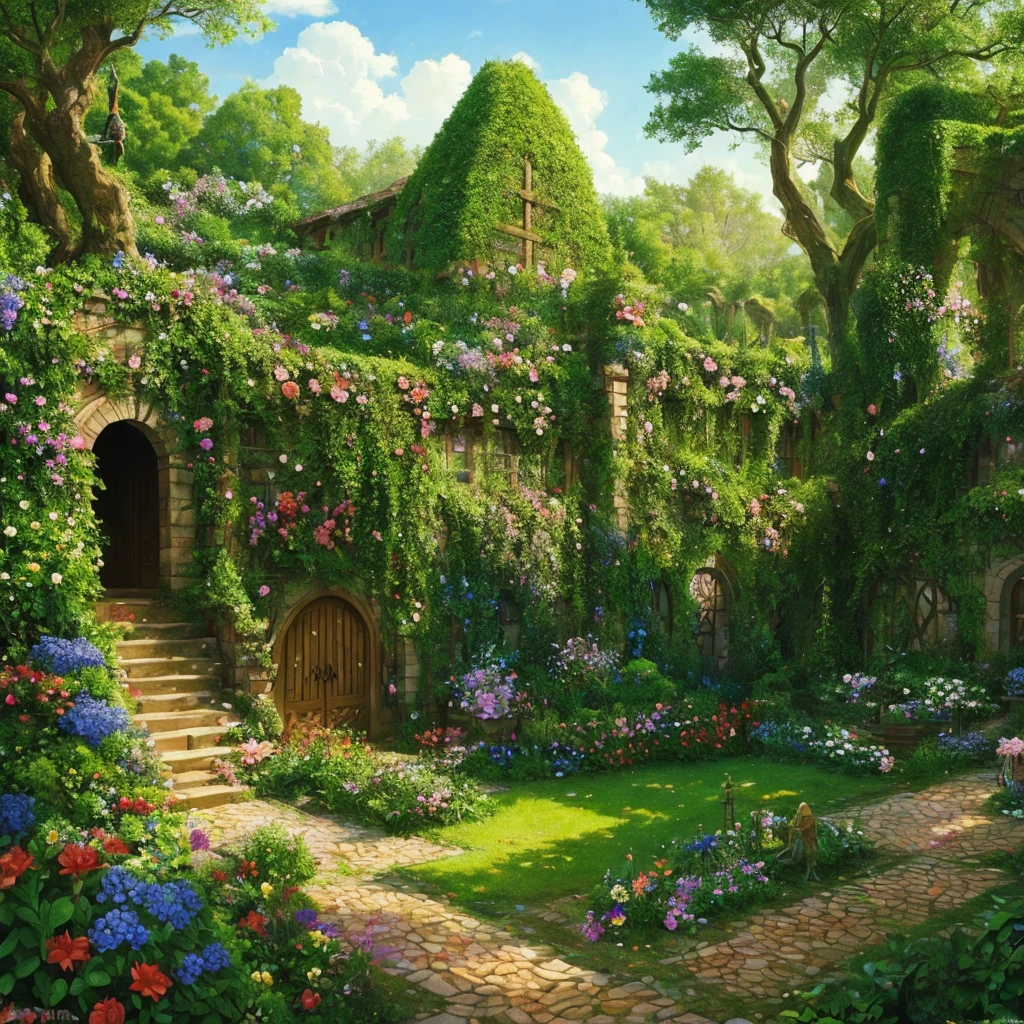 a beautiful garden, lush and full of life, Tall fruit trees and dense thorny and flowering bushes grow on it.: the garden is a labyrinth, strange and wonderful, very tangled, where goblins and troll beings live.