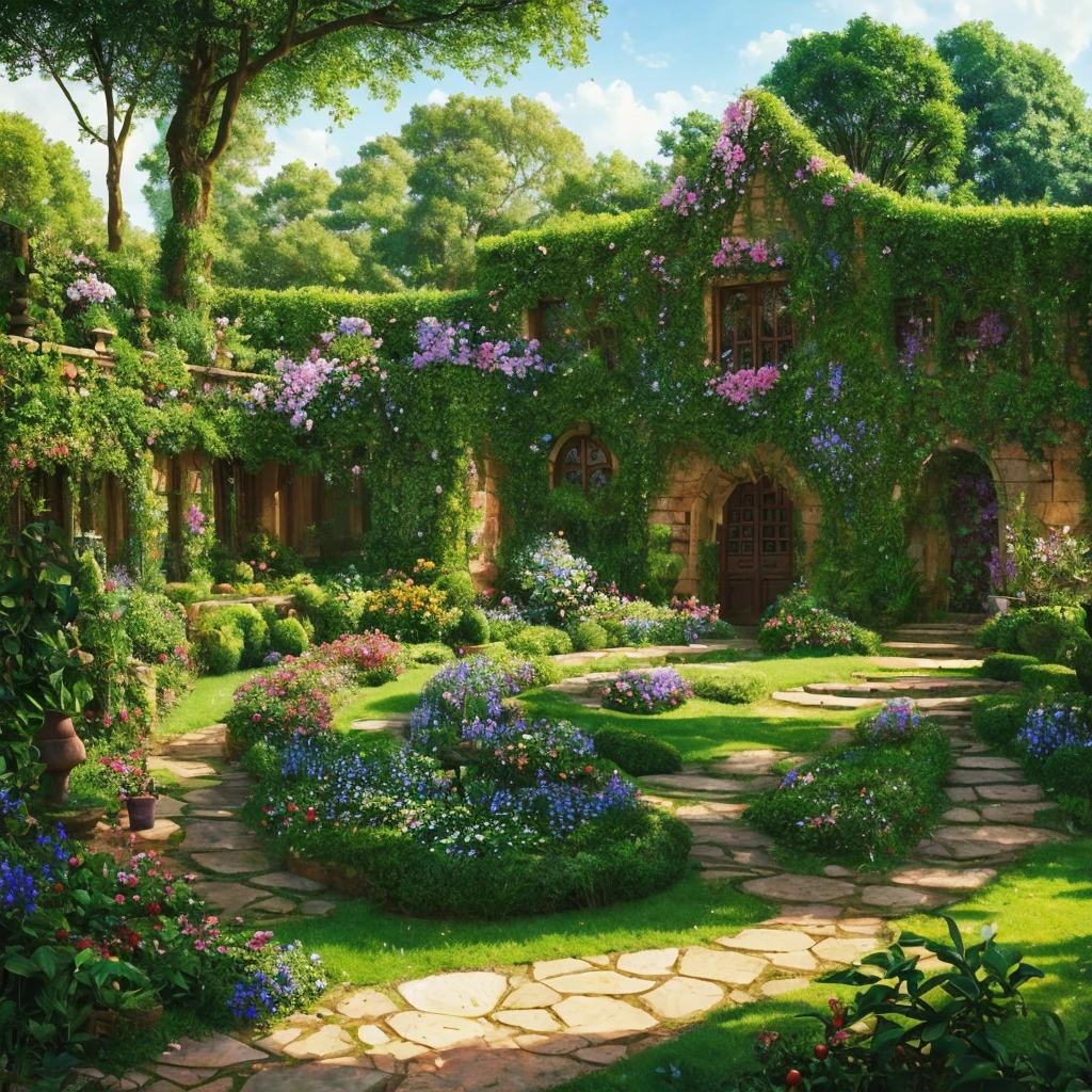 a beautiful garden, lush and full of life, Tall fruit trees and dense thorny and flowering bushes grow on it.: the garden is a labyrinth, strange and wonderful, very tangled, where goblins and troll beings live.