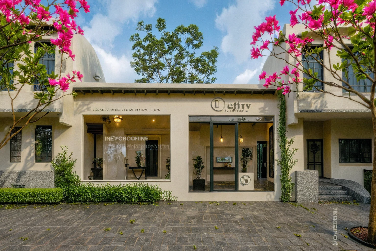 Raw photo,Masterpiece, high quality, best quality, authentic, super detail, exterior, outdoors, house style indochine, Many bougainvilleas along the road ,aiaigroup road,pavement, grass, trees, sky, cloud, (day:1.1), vivid colour