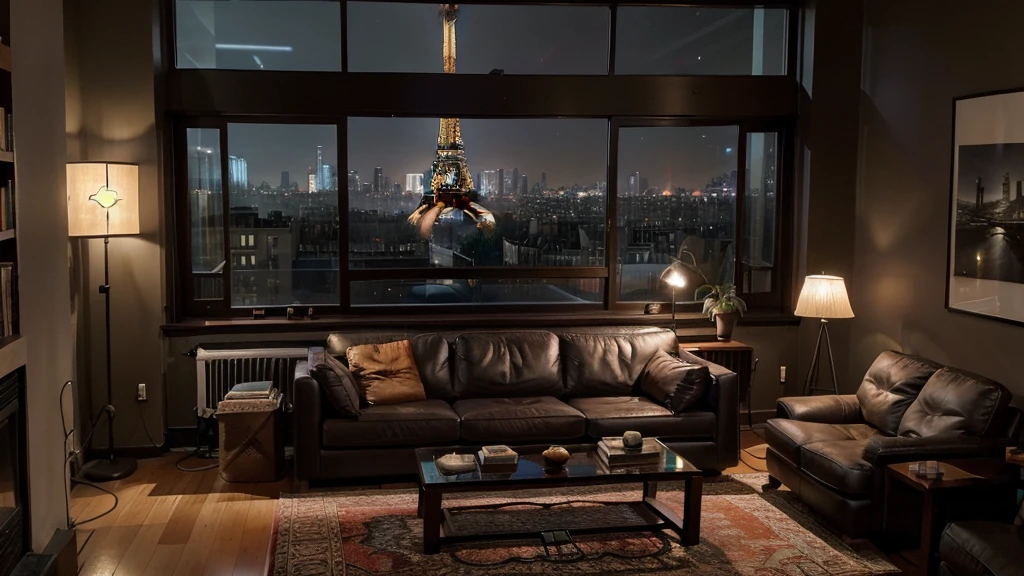 a view of a living room with a couch, chair, table and a book shelf, neo-romanticism, maximalism, by Raymond Han, city apartment cozy calm, floor to ceiling window, picture of an interior loft, living room vibe, large windows to eiffel tower at night