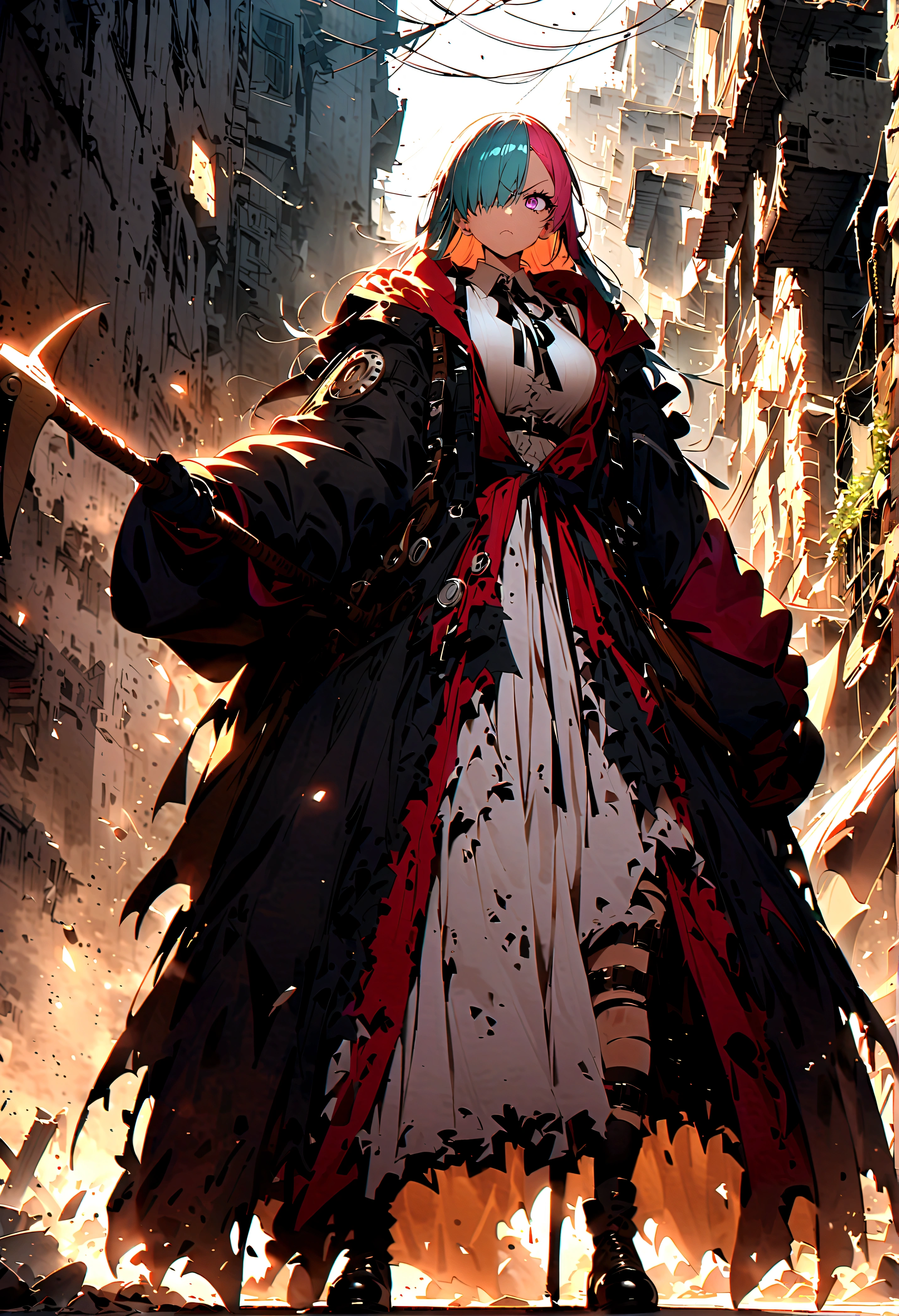 score_9、score_8_up、score_7_up、score_6_up、source_アニメ、、、uta_\(one_piece\)、dress、eyelash、hair_over_one_eye、split-color_hair、two-tone_hair、Are standing、Angry、Covered in dirt、Injured、Dust、Has an axe、Torn clothes、Broken Building、、、、、hand、perfection