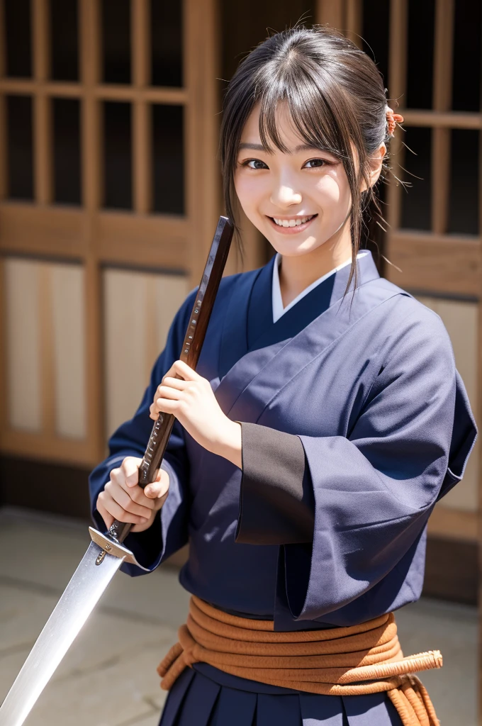 Close-up of a beautiful Japanese woman wearing a kendo uniform, smiling nihilistically as she engages in a sword duel