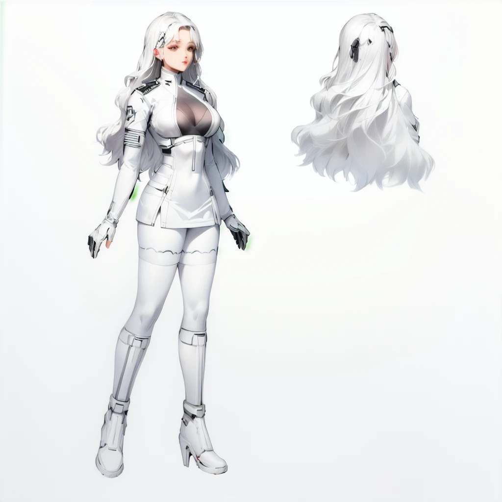 Enhance render style, female full white uniform, dark white outfit, grey color scheme, monochrome, white background,