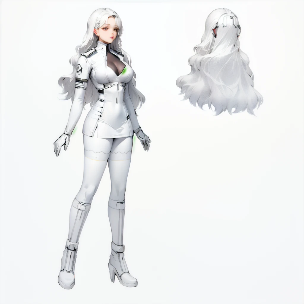 Enhance render style, female full white uniform, dark white outfit, grey color scheme, monochrome, white background,