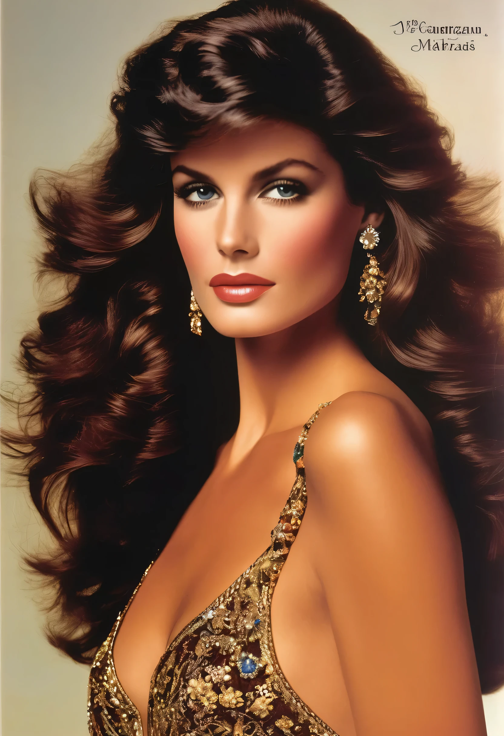 [(Retro vibes:1.25) ::5] Step into the vibrant world of the 1980s with a captivating portrait of a (beautiful brunette woman:1.22) gracing the cover of "Cavalier" magazine‎. This (masterpiece:1.35) captures the essence of the era, radiating nostalgia and vintage charm. With her (mesmerizing brown eyes:1.24) and (flowing, luscious hair:1.18), she embodies the timeless beauty and allure of the 1980s. The cover showcases her confidence and glamour, perfectly in line with the style of "Cavalier" magazine‎. Get ready to be transported back to the 1980s with this stunning and iconic artwork.