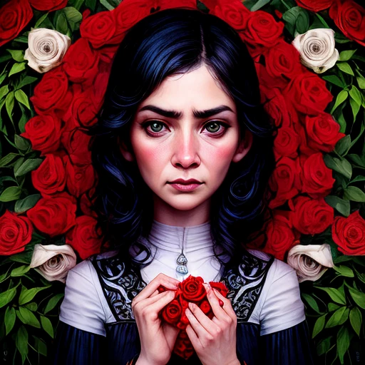 beautiful princess, highly detailed, brushstrokes, QUEEN OF HEARTS, red, black, white, HEART SHAPED CURLY HAIR, dress, stripes, girl, rosy cheeks, red lips,girl HOLDING HEART in field of roses, red, black, white, girl, rosy cheeks, red lips,stallintheunicow
origami style in the style of esao andrews,esao andrews style,esao andrews art,esao andrewsa painting of a girl gothic pale style of esao andrews, andrews esao artstyle, inspired by Esao Andrews, esao andrews ornate, by Esao Andrews, esao andrews, inspired by ESAO, by ESAO,  earley, shrubs and flowers esao andrews, benjamin lacombe, in the style of esao andrews, esao andrews . paper art, pleated paper, folded, origami art, pleats, cut and fold, centered composition