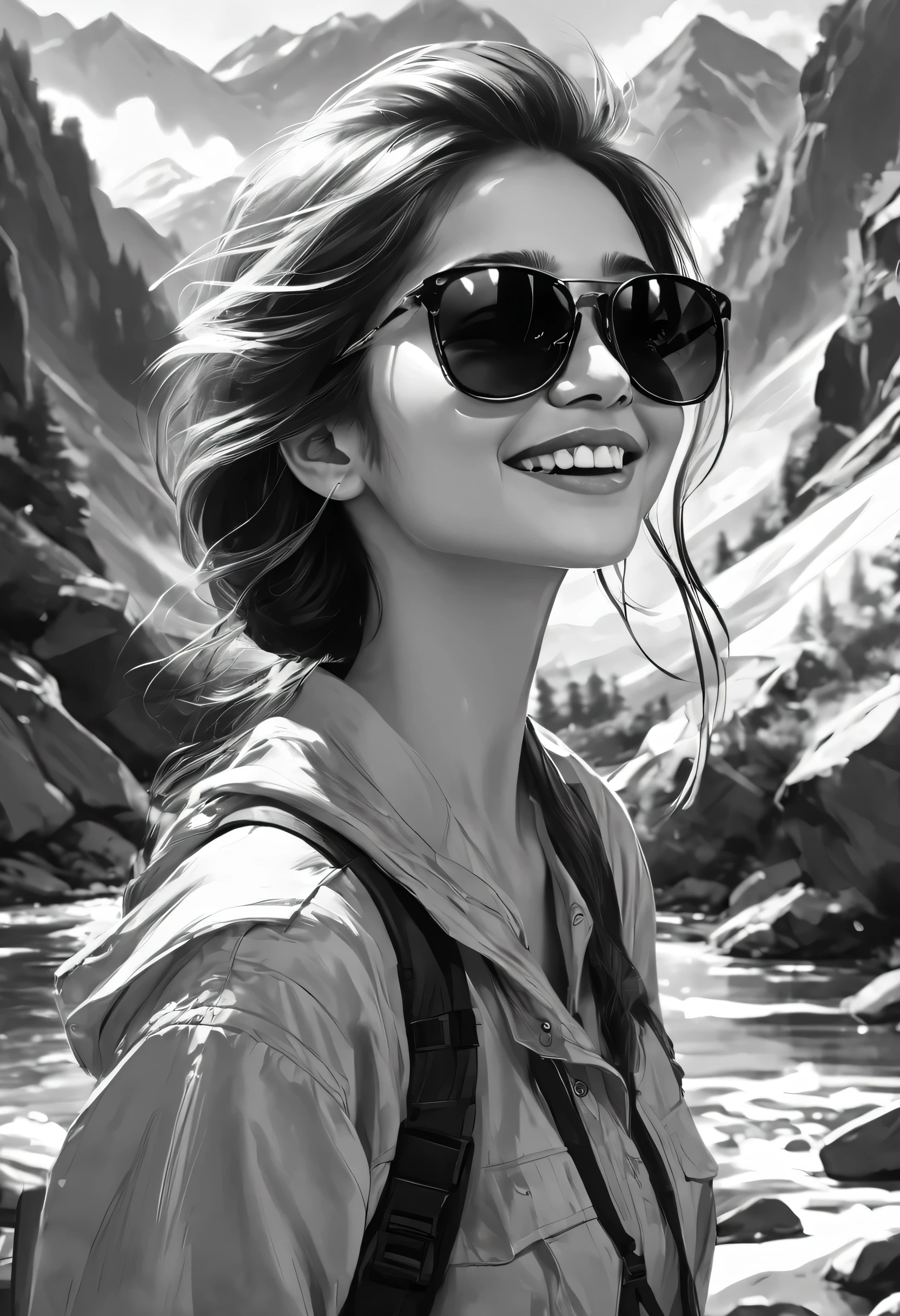 Close up sketching,character sketch,Black and white painting,Mountain streams, illustration, Masterpiece, High quality, 8K, A high resolution, High detail, 1girll,smiley, Transparent sunglasses, Movie overlay, Cool soft lighting, wind blown,