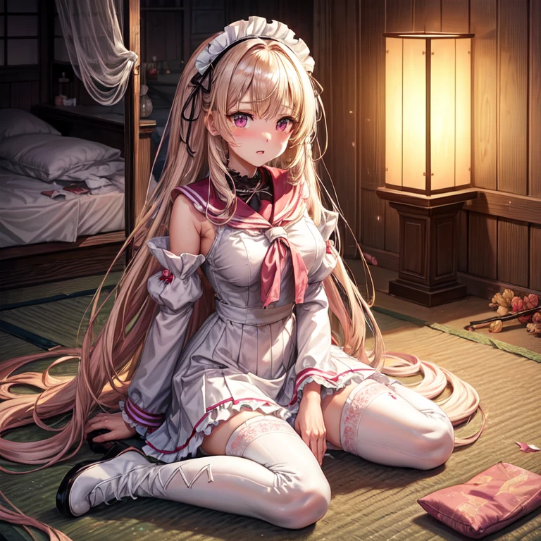 sunset　Orange Room,　Full-body depiction on screen,　Two Girls,　A large amount of rolled up tissue paper,　 Wrinkled, Dirty tissue on the ground,　Tears dripping from the edges of the mouth,　Sitting on a dirty bed,　Dirty futon with brown stains　Dirty old tatami mat ,Tatami room,　Plenty of tissue paper ,　Garbage is scattered everywhere,　very dirty bed, 　 A room full of messy garbage,,　　Embarrassing,　　Very large breasts　Extremely enlarged breasts　Dimly lit room　On the tatami　Scattered tissue paper　A cute long-sleeved sailor suit with lots of frills sewn on　Long ruffled skirt　high school student　Illustration Style　Anime Style　Narrow-mouthed　Small lips　beautiful girl　Very cute clothes　Cheeks pink　Long blonde hair　super curly hair　Super long sideburns　Rubber clothing　Gothic white lolita outfit　hair band　very long, 　Pearl white silk tights　　Lots of frilly ribbons　Extra long silk gloves　Detailed embroidery　Big eyes　Glaring　Hanging eyes　Sharp Eye　Small trends　Stern expression　Shocking Pink Rouge　　Crushed tissue paper　White long boots　　　Steam coming out of the whole body　Steam fills the screen.　White breath from the mouth　The whole body is covered in oil　The whole body is covered in oil　