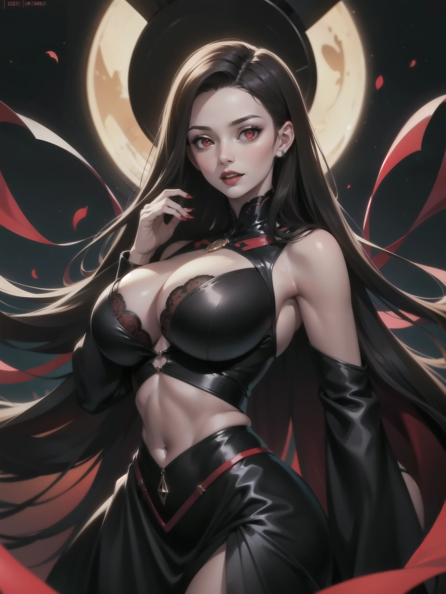 1girl, beautiful, vampire goddess, brunette very long hair, red eyes, wearing a sexy red and black dress, ultrasharp, looking at the viewer, ((best quality)), ((masterpiece)), (detailed), perfect face, big breast, sexy pose, sexy body,