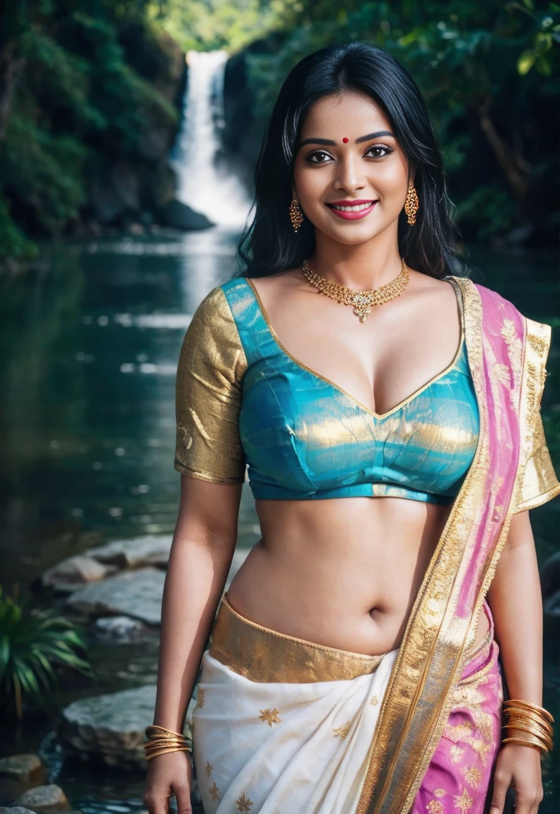 indian mature girl  indain women, mature indian ,Masterpiece, blouse less sari(((full figure ))) entire body in frame, (((magical lighting action shot))) (((beautiful fit cute smiling woman standing on marble surrounded by clouds in heaven vast floating lakes rivers waterfalls fantasy landscape))), (((gold lace  looking into the camera))) , ((( accurate hands accurate eyes))) moody lighting, blue hour, blue colors, very detailed, dramatic light, 8k HD high definition detailed realistic, detailed, skin texture, hyper detailed, realistic skin texture, armature, best quality, ultra high res, (photorealistic:1.4), high resolution, detailed, raw photo, sharp re, nikon d850 film stock photograph 4 kodak portra 400 camera f1.6 lens rich colors hyper realistic lifelike texture dramatic lighting unrealengine ,cinestill 800, (((accurate female anatomy, perfect eyes))) (((500px, fstoppers, photosight.ru, iso noise)))