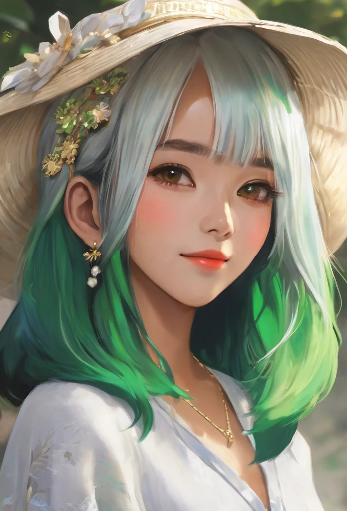 22 years old, female, human, wearing Malaysians hat, white hair with a single group of green hair, middle age era.