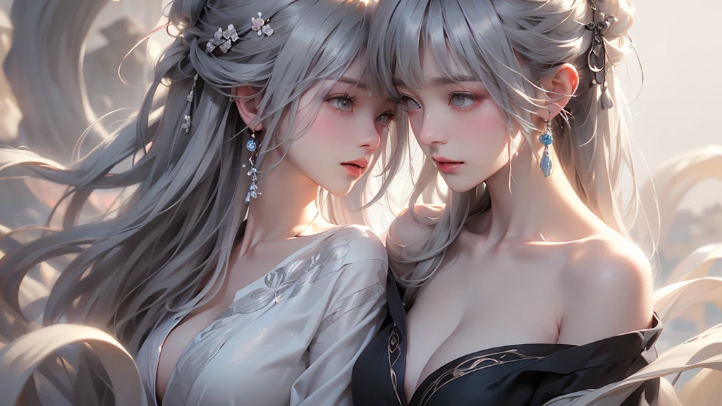 super high quality, masterpiece, Perfect illustration, Very detailed (Exquisite light and shadow, Very dramatic photo,Backlight) , ((Gray Hair:1.5))1 Girl,(( alone:1.6)), (Wearing Han clothes, Black and white Hanfu,Monotony,Long sleeve) Flower Field, Flowers, (White smoke:1.3) (Realistic:1.4), Zen Intertwining, Tangled, Official Art, unity 8k wallpaper, Very detailed, Beautiful and beautiful, masterpiece, Highest quality, (Dynamic Angle: 1.4), Glowing Skin, (Floating colorful flashes: 1) The most beautiful chaotic shapes, elegant, Brutalist Design, Bright colors, Romantic Depth of Field Exotic_dance, half_naked、Expose your shoulders、Ample breasts、Great cleavage、