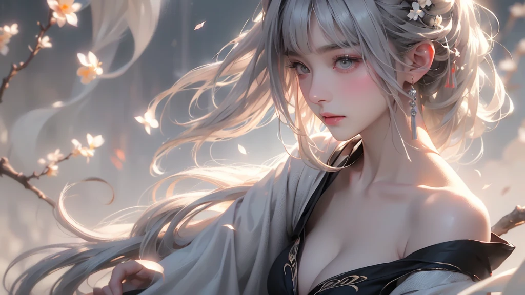 super high quality, masterpiece, Perfect illustration, Very detailed (Exquisite light and shadow, Very dramatic photo,Backlight) , ((Gray Hair:1.5))1 Girl,(( alone:1.6)), (Wearing Han clothes, Black and white Hanfu,Monotony,Long sleeve) Flower Field, Flowers, (White smoke:1.3) (Realistic:1.4), Zen Intertwining, Tangled, Official Art, unity 8k wallpaper, Very detailed, Beautiful and beautiful, masterpiece, Highest quality, (Dynamic Angle: 1.4), Glowing Skin, (Floating colorful flashes: 1) The most beautiful chaotic shapes, elegant, Brutalist Design, Bright colors, Romantic Depth of Field Exotic_dance, half_naked、Expose your shoulders、Ample breasts、Great cleavage、