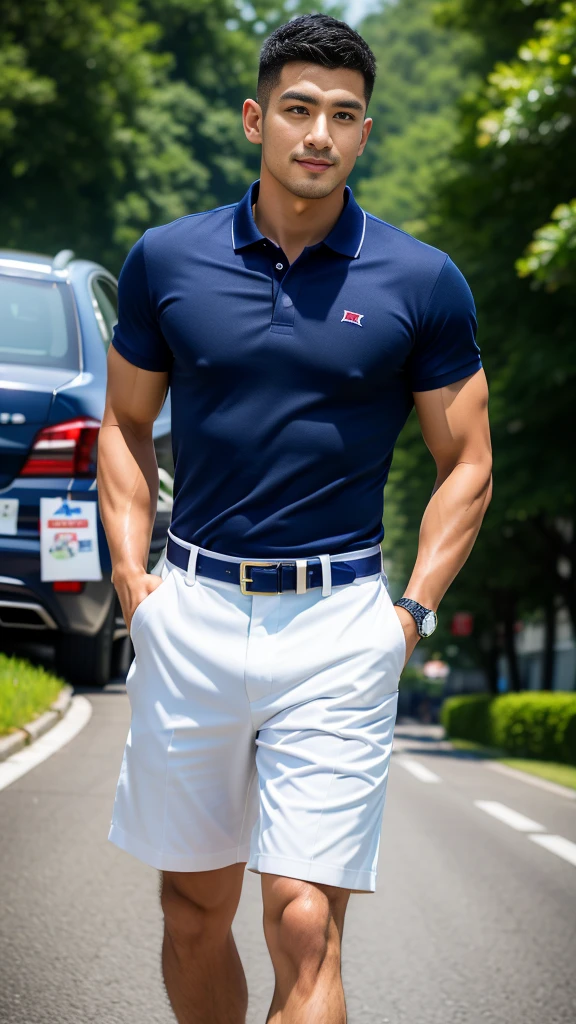 (Create a masterpiece: 1.2),(CGI art:1.3),(realistic:1.5),(After processing:1.3),(Sharp focus:1.3),10,1 man, smile, (Wear a dark blue polo shirt.), Navy cargo pants, Korean guy , korean men, (High gloss details), chest muscles, large arm muscles, blood vessel, Big muscles, Broad shoulders, looking at the audience, Balancing the eyes, In the middle of the road in the capital