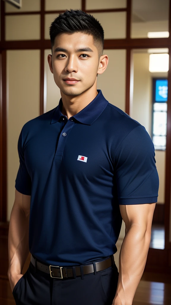 (Create a masterpiece: 1.2),(CGI art:1.3),(realistic:1.5),(After processing:1.3),(Sharp focus:1.3),10,1 man, smile, (Wear a dark blue polo shirt.), Navy cargo pants, Korean guy , korean men, (High gloss details), chest muscles, large arm muscles, blood vessel, Big muscles, Broad shoulders, looking at the audience, Balancing the eyes, In the middle of the road in the capital