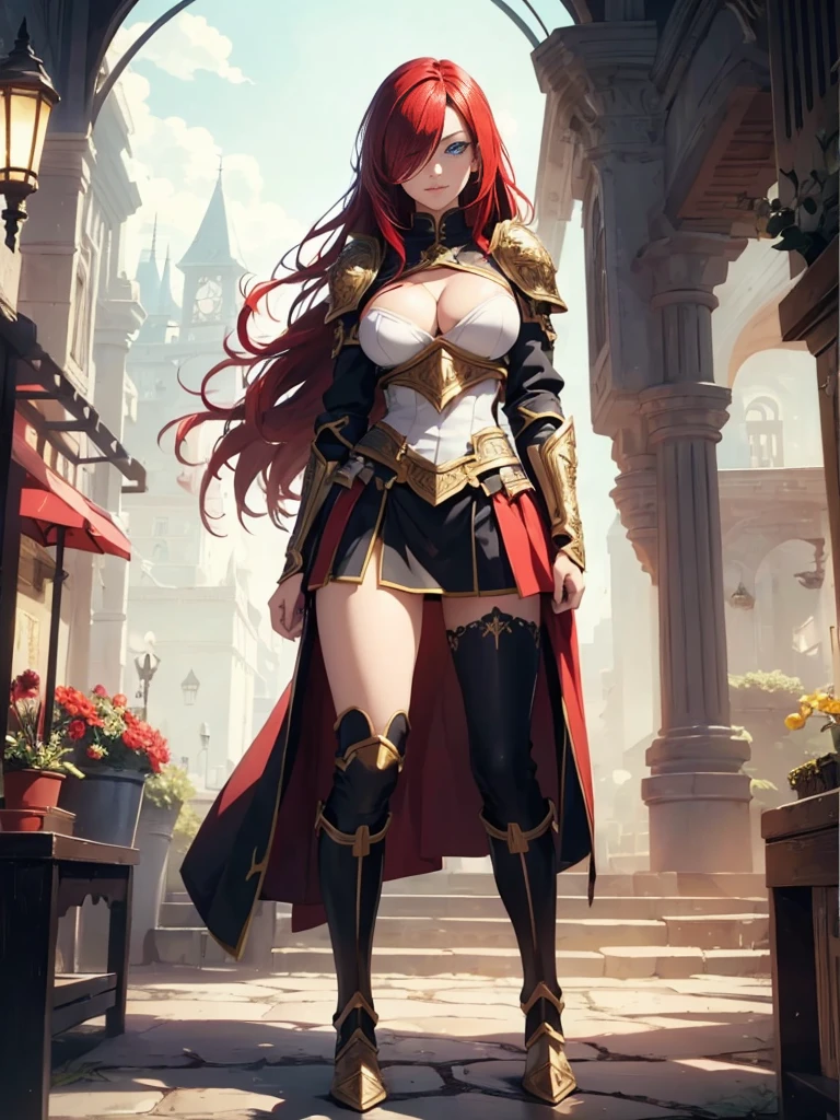 ((1girl, solo)), erza scarlet, beautiful body, (perfect anatomy, perfect body, perfect hands, perfect legs), (five fingers:1.5), natural proportions, sexy body, large breasts, cowboy shot BREAK 

((extremely detailed face)), (beautiful detailed eyes:1.6), (realistic pupils, realistic iris:1), expressive eyes, looking at viewer, (clear eyes:1.3), (hyperrealistic:1.2), (detailed skin texture:1.2), smooth skin, blue eyes, (red hair:1.5), long hair, parted bangs, (hair over one eye:1.5), (smile), parted lips, (detailed lips:1.2), (attractive lips:1.1), (glossy lips:1.1), perfect face, perfect eyes BREAK

female knight, long sleeves, fantasy armor, gold trimmed armor, (cleavage:1.3), breastplate, (shoulder armor:1), (arm guard:1.3), armor gloves, (micro mini skirt:1.5), dark red skirt, zettai ryouiki, thighs, thighhighs, (greaves:1.3), armored boots, belt BREAK

outdoors, day, sky, town square, fantasy town, (fantasy setting:1.5) BREAK

(masterpiece:1.5), anime-style, top quality, best quality, (beautiful and aesthetic:1.2), (ultra detail:1.5), Ultra-detailed depiction, Ultra-precise depiction, extremely detailed 8k illustration, high resolution, (highly detailed shading:1.2), (realistic lighting:1.4), perfect lighting, vibrant colors, dynamic tones, striking hues, 8k, absurd resolution, perfect shadows, hdr, UHD, ambient lighting, realistic, ultra-realistic, photo realistic, highly detailed, rich detail, luminous colors, fine texture, intricate design, professional illustration, (soft light:1.2), (illustration:0.7),