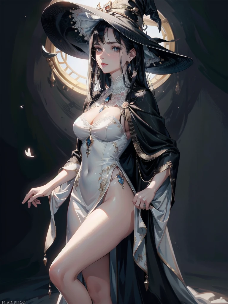 absurdres, RAW photo, extremely delicate and beautiful, masterpiece, Best Quality, ultra high resolution, 32k, hyperrealistic, ultra-detailed, delicate facial features, beautiful detailed woman, tearful mole, earring, medium breasts, full body shot, medium hair, black hair, Witch hat, mitts, White dress,