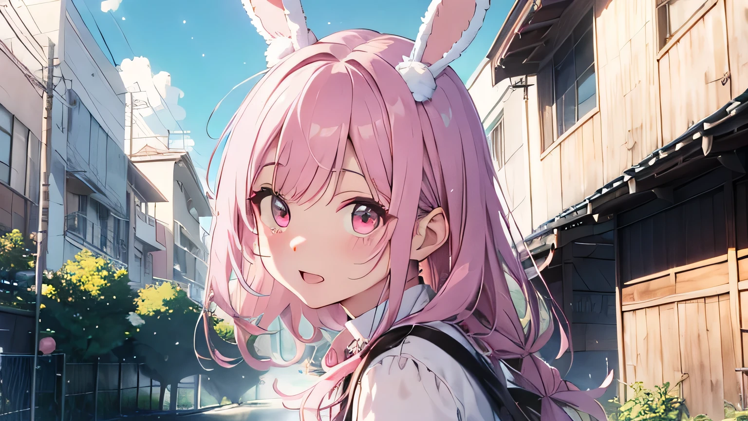 Highest quality, pretty girl, pastel colour, Fluffy bunny ears, Pink long hair,Pale pink eyes、Bright and pop、Sparkle Effect、Energetic、Nostalgic
