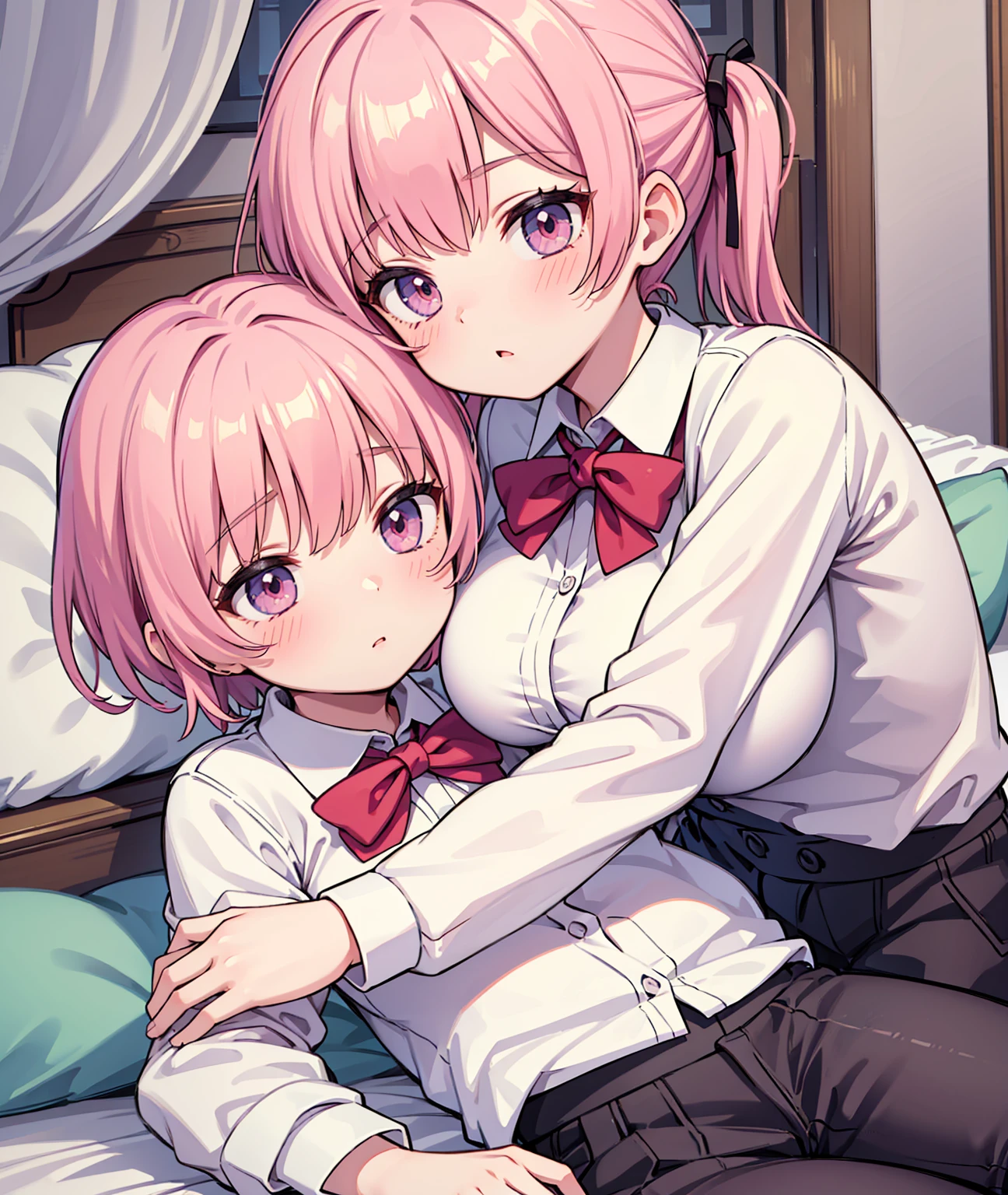 masterpiece, Highest quality, so beautiful, absurdists,High resolution,One girl, One boy,Cuddling in bed, like,sexly,Look at each one, blush,Age difference,bow tie,blondes,chest,Long Hair,Pink Hair,Tucked in shirt,short hair,skirt,Tent shirt,Slut,Big breasted sister and brother,Siblings, trousers,Pushing her big tits against her brother,(My brother's small erect penis),((((姉のHUGE breasts,Sister crushes her big tits in her brother's face)))),((Very large breasts)),small penis
