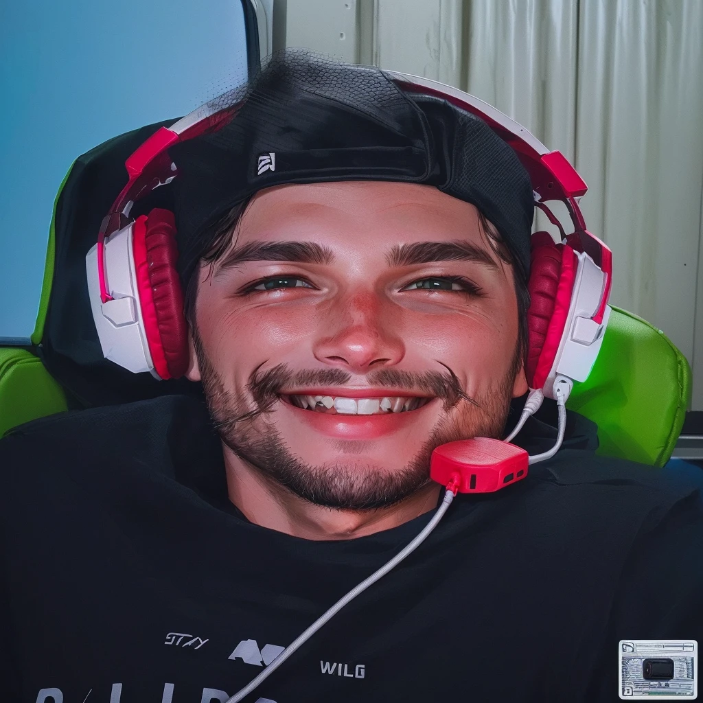 A man with a black cap, a white headset with red details smiling, sitting on a gaming chair near the green