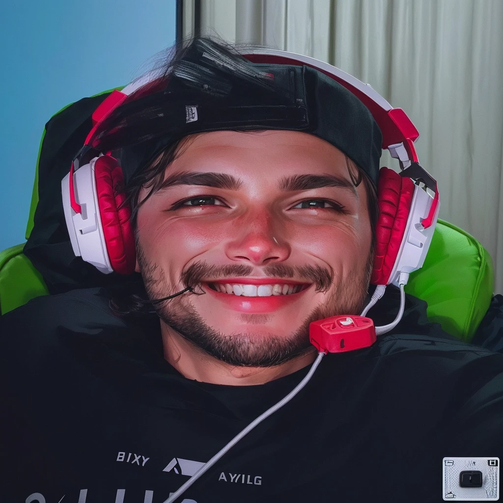 A man with a black cap, a white headset with red details smiling, sitting on a gaming chair near the green