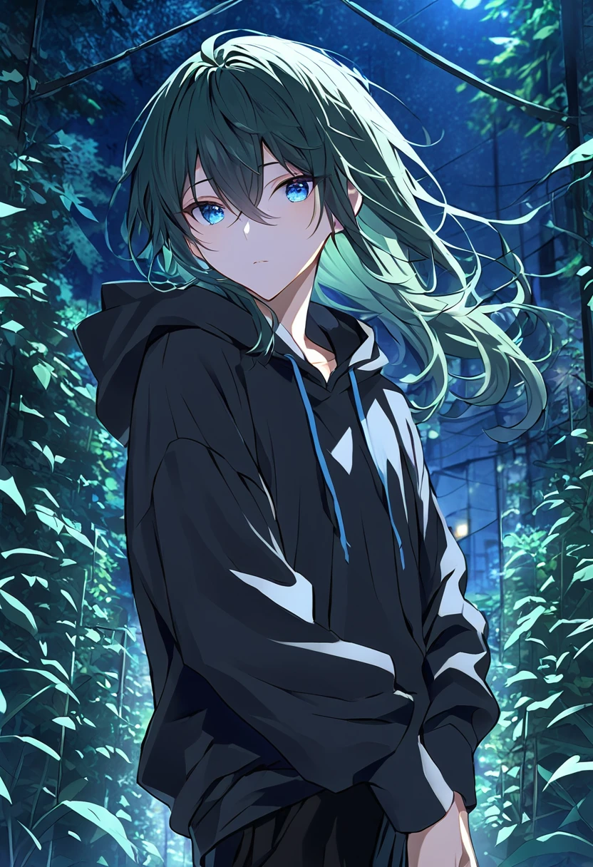 Highest quality、Highest quality、Very detailedな、Perfect Face、Very detailed、The perfect human body、very delicate and fine、1 boy、Long black hair、The hair is waist-length、Mint green hair、Bright Blue Eyes、Wearing a big black hoodie、Black trousers、night、Detailed Background